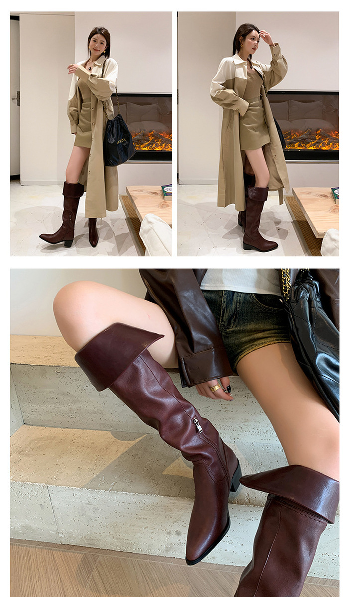 Boot nữ cổ cao quá gối da bò gót thô 5cm mũi nhọn phong cách tối giản — Lớp lót đơn màu đen, Lớp lót đơn màu đỏ neo, Lớp lót nhung đen, Mỏ neo nhung đỏ