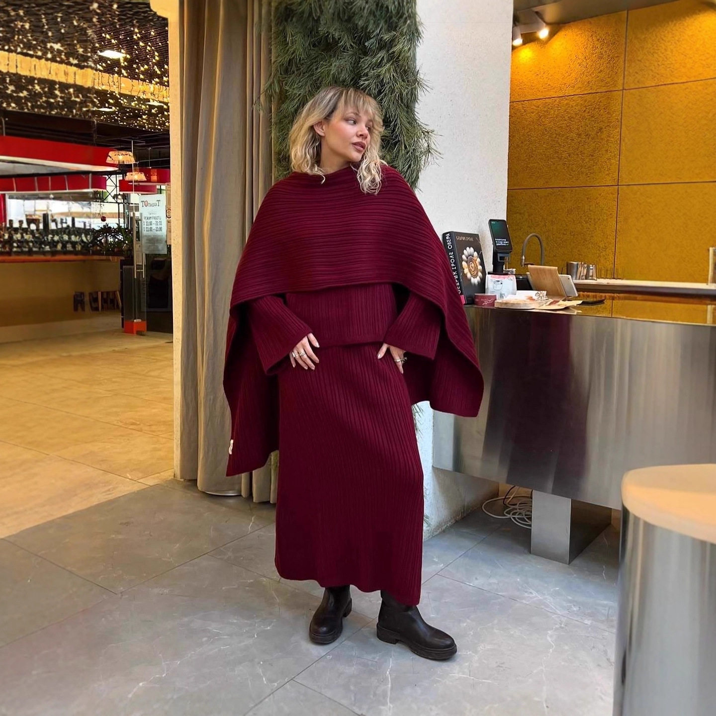Womens Chunky Knit Sweater Set Solid Color Round Neck Loose Fit Includes Wide Leg Pants and Scarf Autumn Winter
