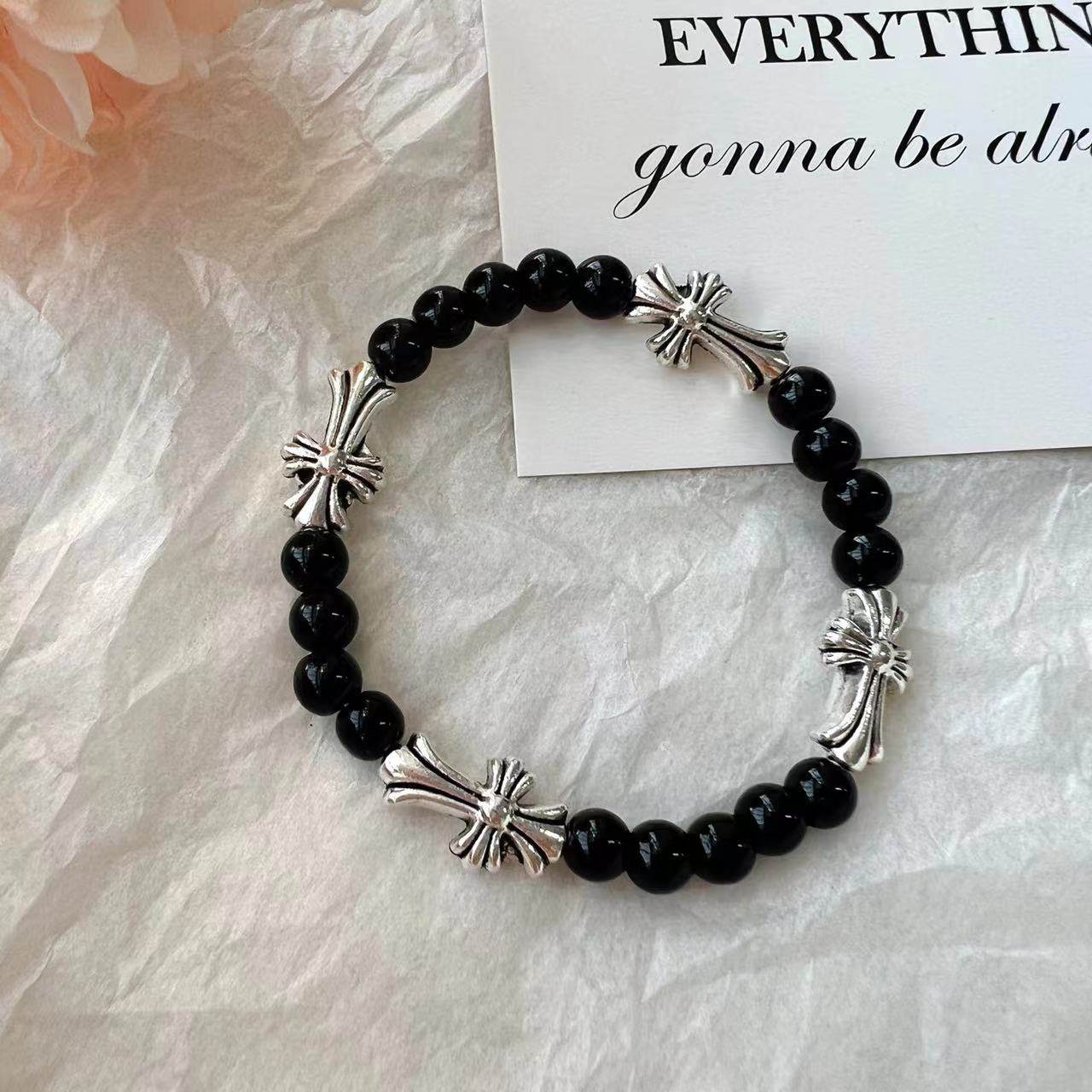Simple personality cross bracelet sweet cool temperament all-match cold style neutral couple black beaded bracelet bracelet