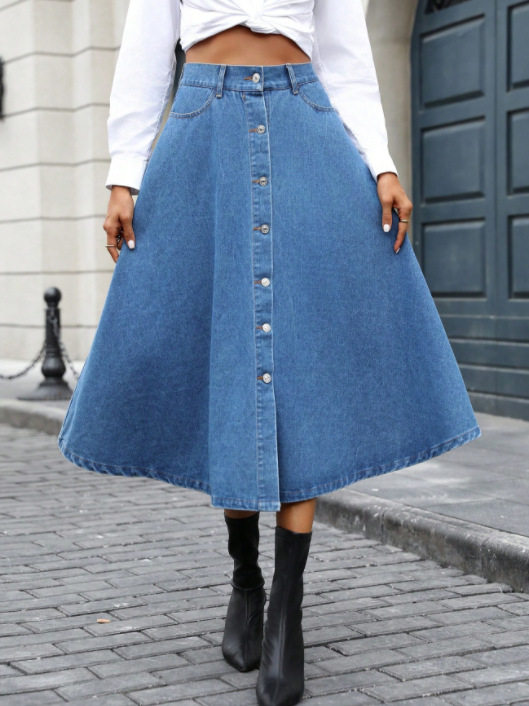 High Waisted A Line Denim Skirt Elegant Design Flowy Silhouette Casual Chic Wholesale Available