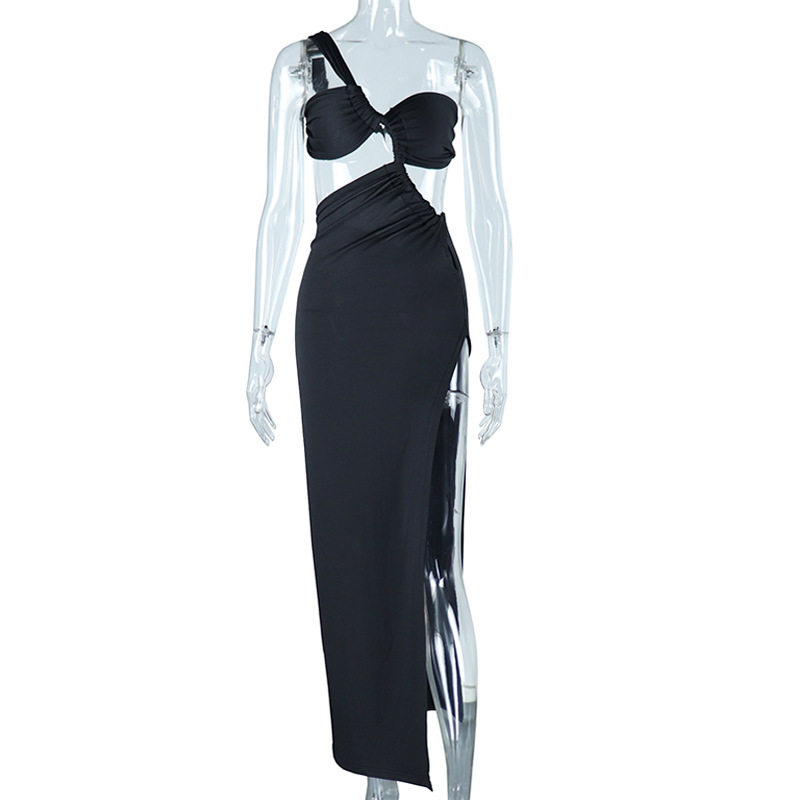 Sleeveless Asymmetrical Dress Solid Color Sexy Backless Long Length Ruched Design Side Slit Evening Gown for