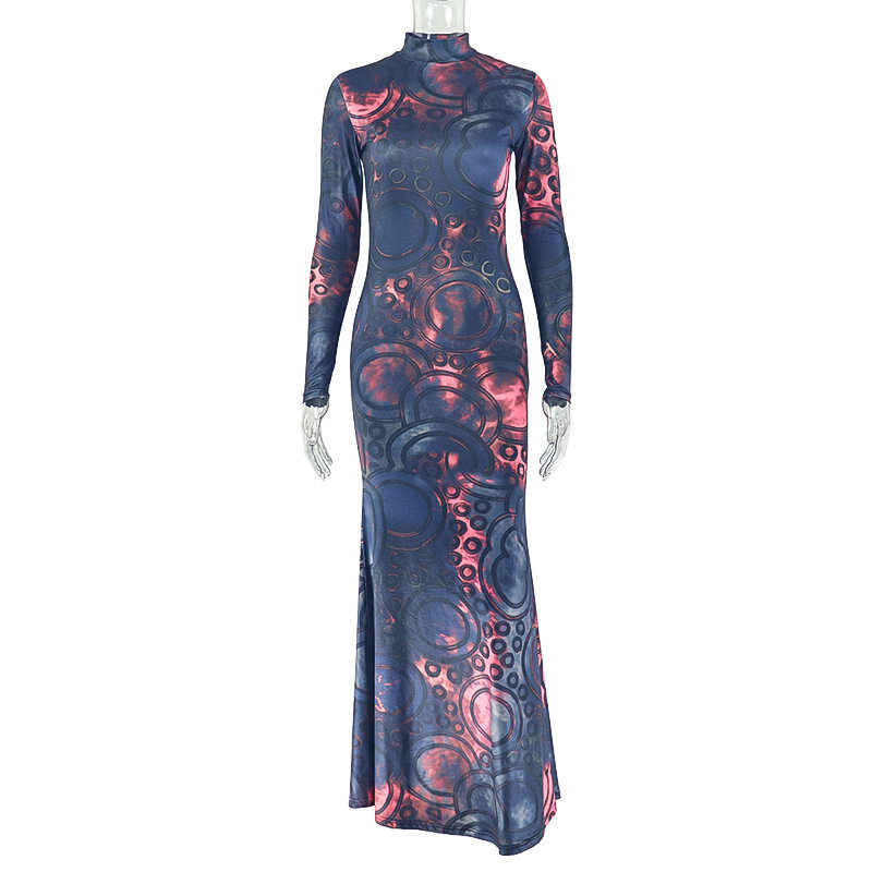 Color Block Printed Bodycon Dress for Women Long Sleeve Slim Fit Elegant Style Perfect for Parties and Events