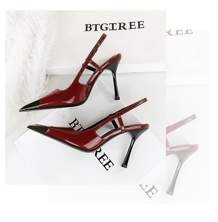 Giày cao gót nữ mũi nhọn hở gót quai hậu da bóng phong cách Âu Mỹ dự tiệc — 2629-1 Đen 9.5cm, 2629-1 Họa tiết báo 9.5cm, 2629-1 màu nude 9.5cm, 2629-1 rượu vang đỏ 9.5cm