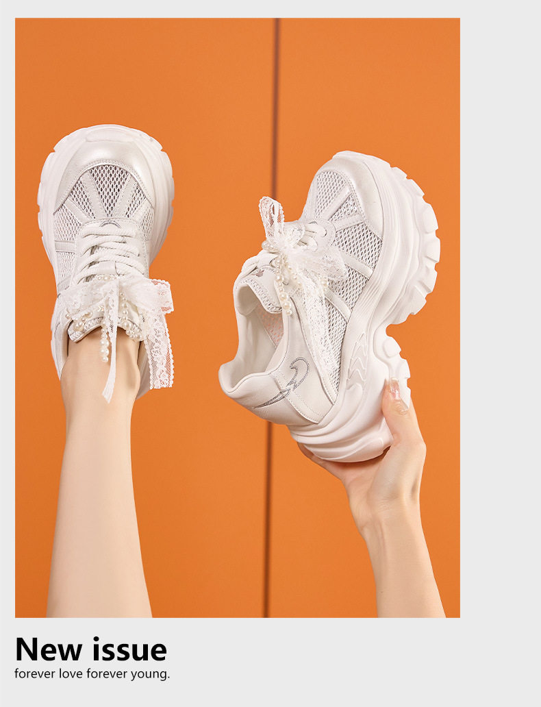 Giày sneaker nữ đế dày chunky phong cách đa năng, cổ thấp, lưới thoáng khí — Trắng, Bạc chi tiết 10
