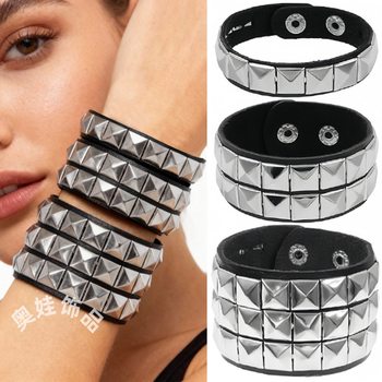 Eco-Friendly Pu Leather Titanium Steel Stainless Steel European and American Fashion Punk Street Style Square Rivet Bracelet Ins Couple Bracelet Bangle