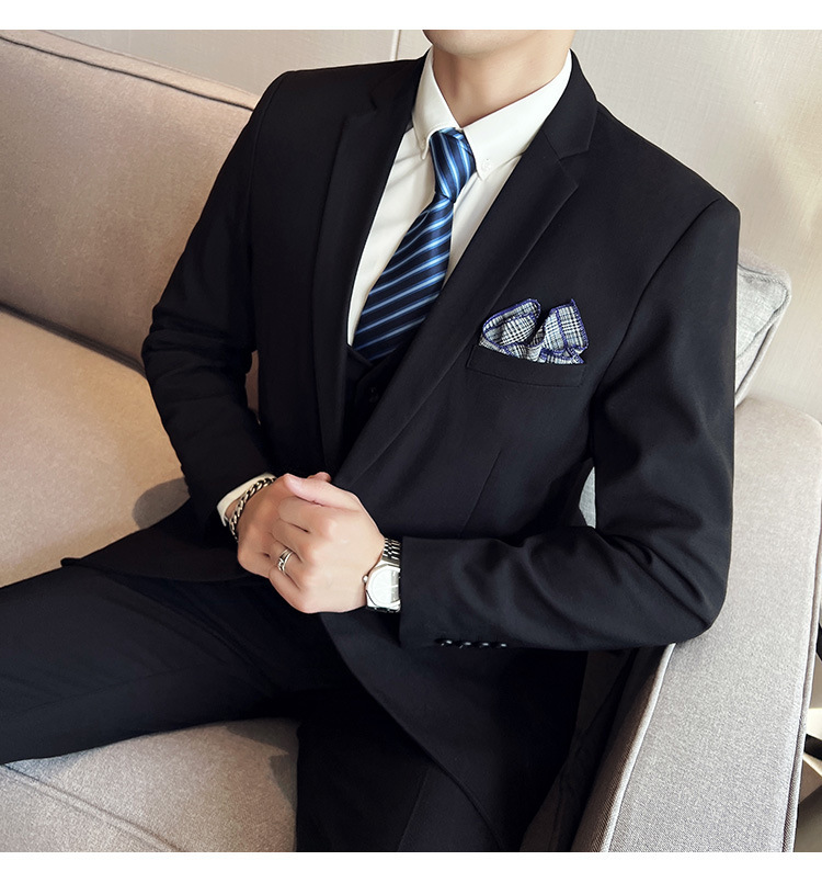 Bộ com-lê nam ba mảnh dáng ôm, áo vest một hàng khuy phong cách công sở — Màu xám (áo một nút + áo vest + quần), Màu xanh (áo một nút + áo vest + quần), Màu đen (áo một nút + áo vest + quần), Màu xanh navy (áo một nút + vest + quần)