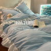 Solid Color Duvet Cover Blue Bed Sheet Three-Piece Set Lace Ins Soft Washed Cotton Four-Piece Set Ruffle Bedding Princess Style