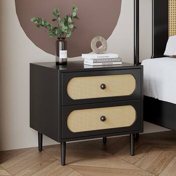 Solid Wood Bedside Table, Antique Nordic Simple Modern Rattan Small Cabinet, B&B Bedroom Storage Cupboard, Storage Cabinet