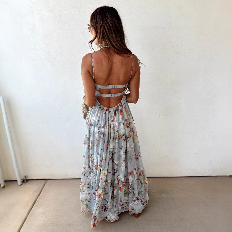 Sleeveless Backless Floral Maxi Dress Elegant Design Summer Style Lightweight Fabric Wholesale Available