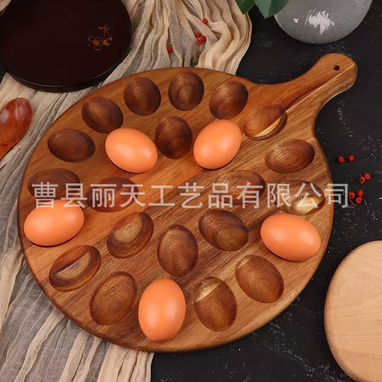 Cross-Border Wooden Egg Tray for Home Kitchen Acacia Wood Egg Fixed Storage Tray Solid Wood Compartment Egg Tray