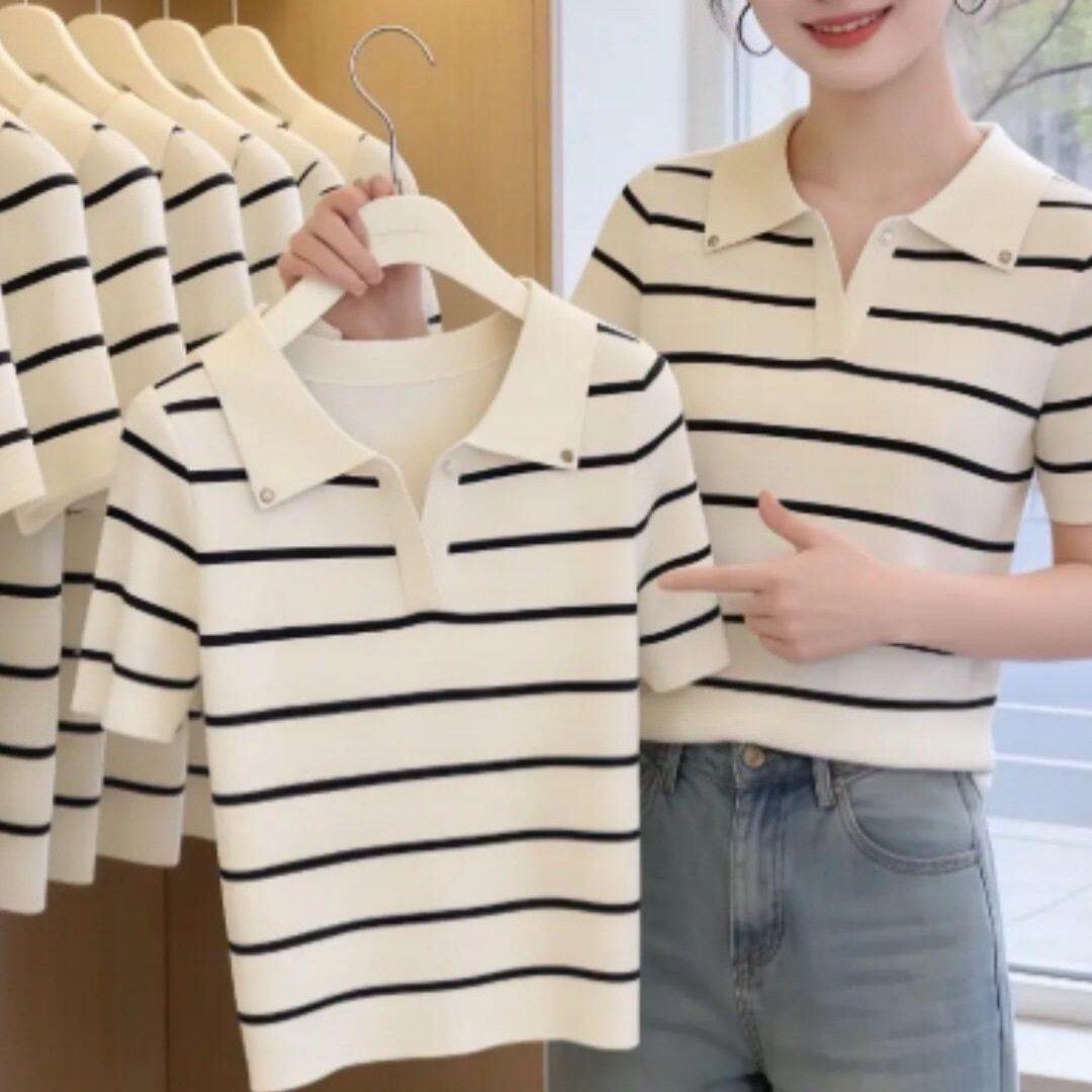 Korean style fashionable striped splicing lapel short-sleeve...