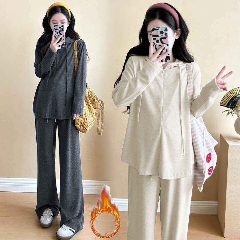 [Customized] Korean Style Autumn and Winter New Velvet Hooded Half-Zip T-Shirt for Pregnant Women, Loose Belly-Covering Slimming Look Sweatshirt