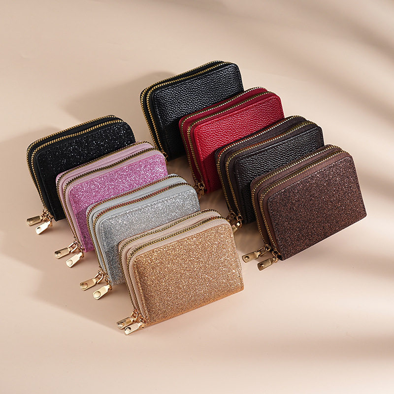 Cross-Border Women's Double Zipper Accordion Card Holder Starry Glitter Card Holder Multi-Card Slot Id Bag Fashionable Women's Bag