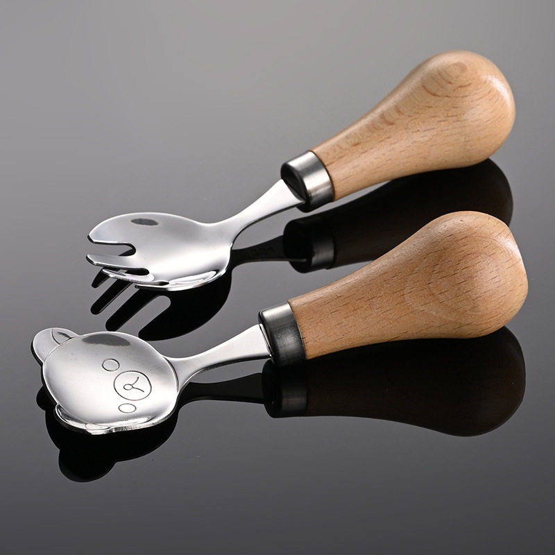 Jiasheng Wooden Handle Tableware Set 304 Stainless Steel Kidsren's Short Handle Knife, Fork and Spoon Can Stand Bear Training Food Spoon