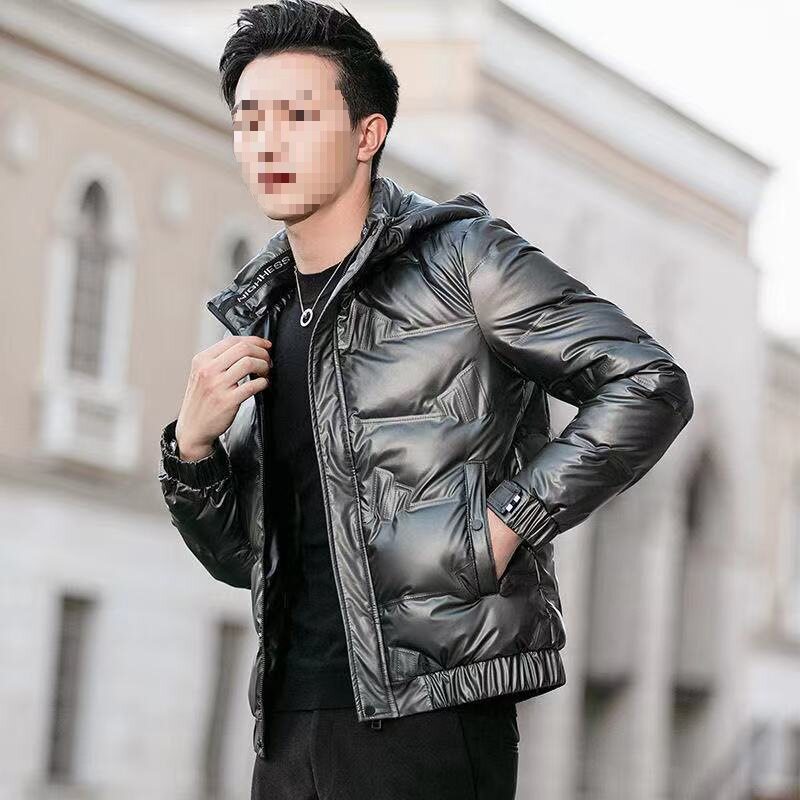 Cross-Border Winter Men's New Trendy Men's Glossy down Jacket Stand Collar Hooded Removable White Duck down Light and Short Jacket