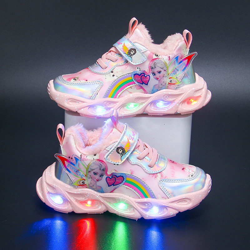 Girls' Shoes with Lights 2024 Autumn and Winter New Velvet Warm Shoes Leather-Covered Girls' Sneakers Little Girls Princess Shoes