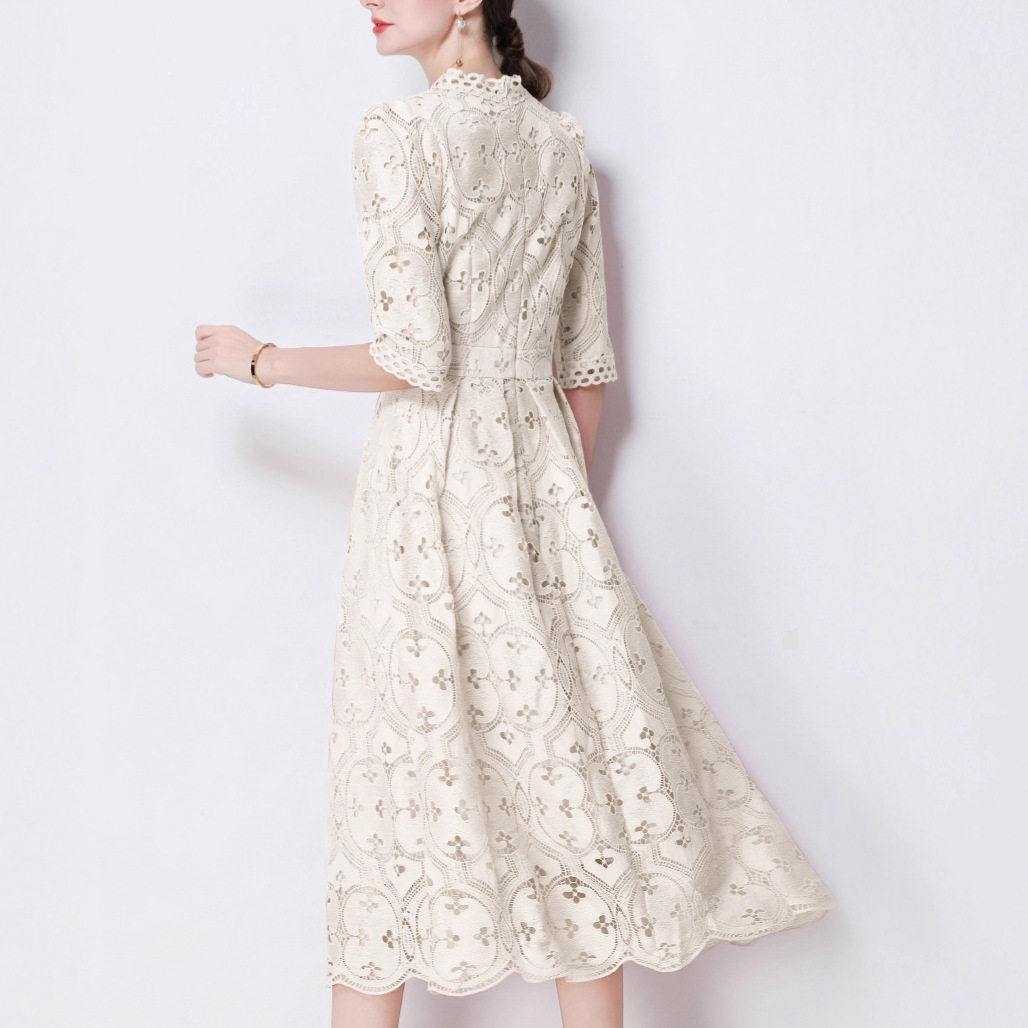 Elegant Womens Long Dress High Quality Water Soluble Lace Hollow Embroidery Waist Defining Slim Fit Perfect for