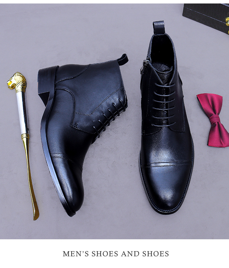 Giày boot nam cổ thấp da bò thật dây kéo phong cách công sở — đen, nâu