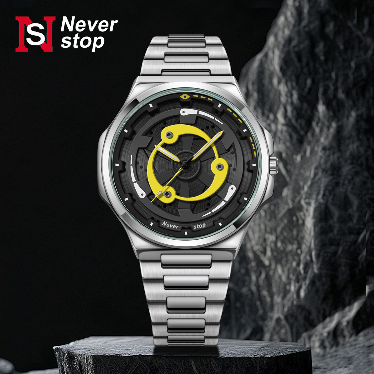 Ns Brand Cross-Border Popular Men's Steel Band Watch, Sporty Style with Rotatable Dial, Trendy Quartz Watch, Factory Ready Stock