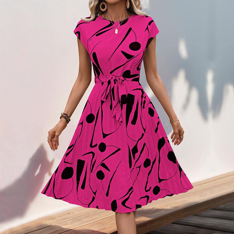 Elegant Abstract Print Pleated Dress Casual Beach Vacation Style Perfect for Summer Events Wholesale Available