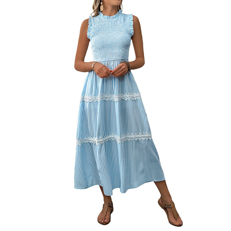 Summer Sleeveless Dress Sweet Lace Trim Striped Pattern Casual Style Perfect for Warm Weather Occasions Wholesale