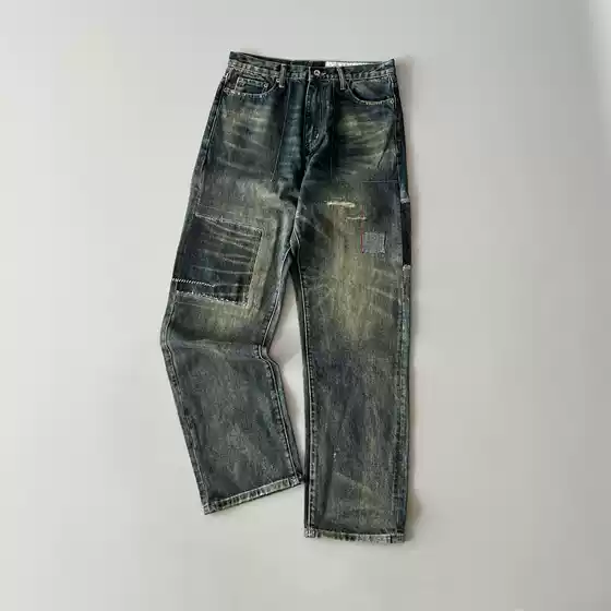 Jeans Men's Nissan Washed Distressed Patch 23AW Heavyweight Retro Easiest for Match Casual Straight-leg Loose Cow King Trousers