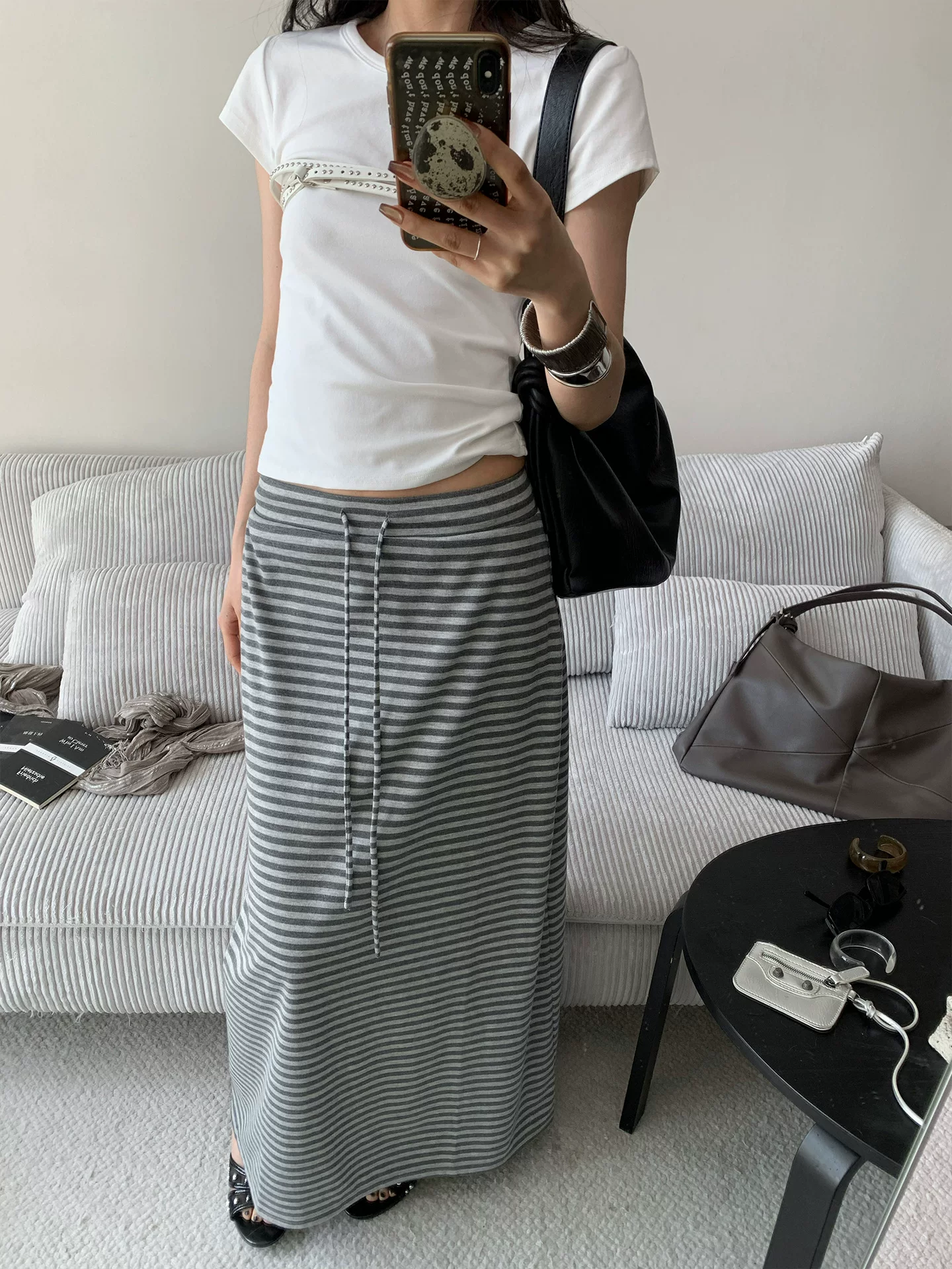 【夏季新品】慵懒松弛感条纹系带半身裙女百搭H型舒适长裙