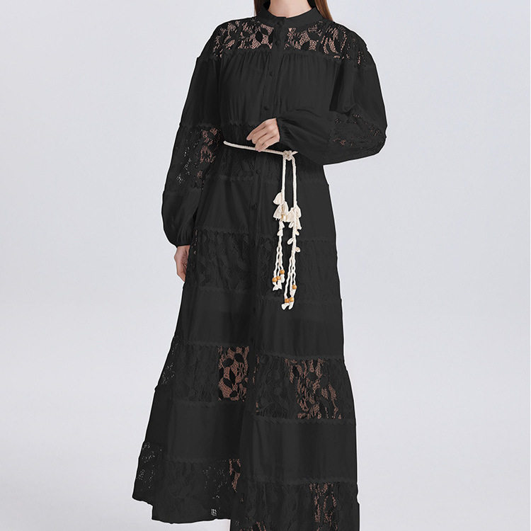 French Court Style Dress Fashionable Hollow Lace Waist Defined Lantern Sleeves Button Closure Flared Long Skirt
