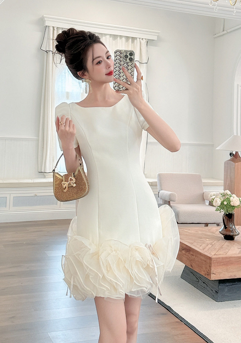 Đầm ôm body nữ cổ tròn tay bồng phong cách Pháp — [Màu hồng đào] chi tiết 1