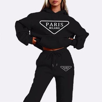 Paris Milan Printed Women's Hoodie Suit Street Hip Hop Clothing Casual Women's 2 Piece Set Fleece Tracksuit