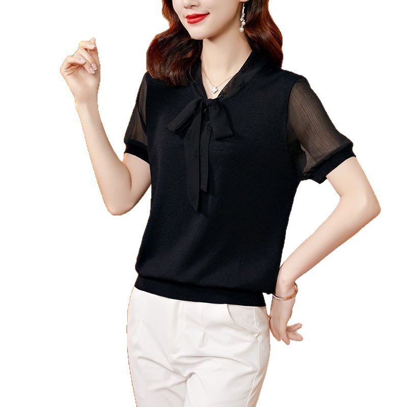 Womens Short Sleeve T Shirt Bow Design Loose Fit Lightweight Ice Silk Knit Summer Casual Top OEM Available