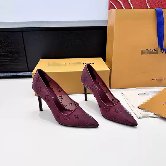 Lace fine follow-up shoes for women 2025 new wine red light mouth pointed high heels sexy women's shoes High heels