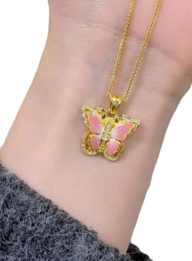 古法花丝铜镀金色莫桑钻蜜粉金珐琅蝴蝶吊坠项链女粉色烧蓝锁骨链
