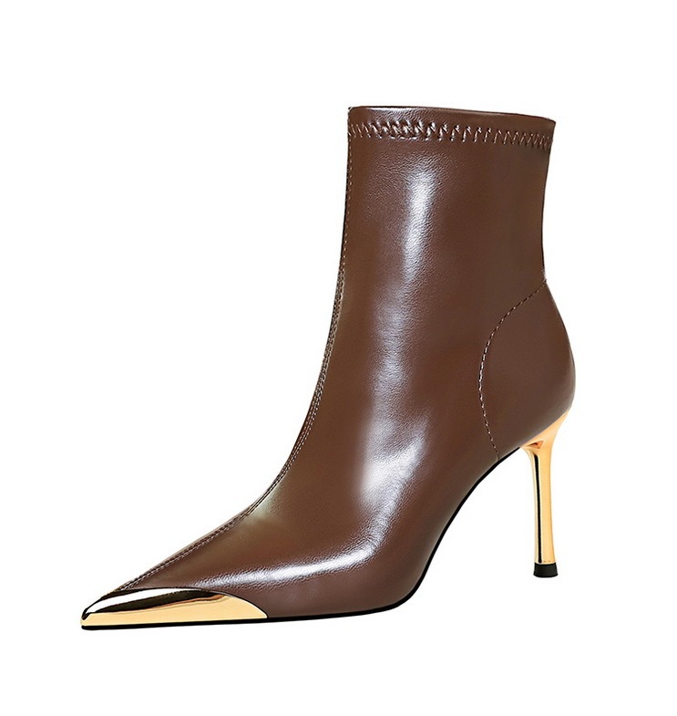 Boot nữ cổ thấp gót nhọn siêu cao mũi nhọn kim loại phối khóa kéo — 319-11 đen 8cm, 319-A11 Cà phê 5cm, 319-A11 đen 5cm, Màu nâu 319-11 8cm