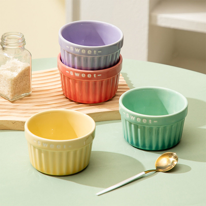 Household Ceramic Striped Cup Baking Cup Oven Soufflé Cake Cup Dessert Bowl Wicker Cup Baking Bowl Pudding Cup