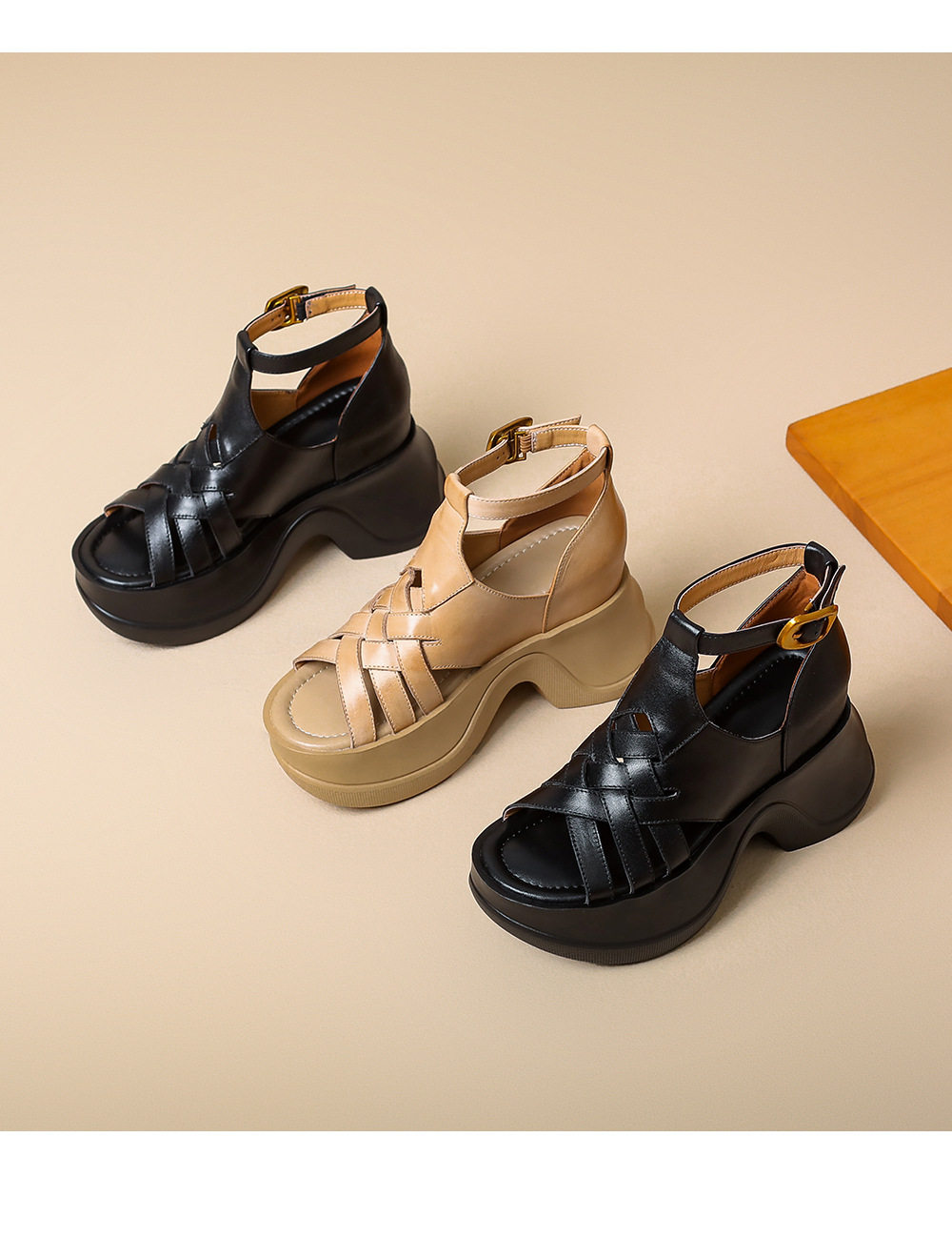 Sandal nữ da bò đan kiểu retro, gót đế xuồng 8 cm, hở mũi — [Đen], [Trắng kem] chi tiết 15