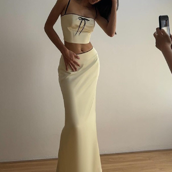 Sweet Lace Trim Cami Top and Long Skirt Set Adjustable Straps Elegant Design Winter Fashion Wholesale Available