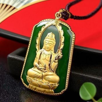 Vietnamese Sand Gold Guanyin Pendant Imperial Green Inlaid Guanyin Bodhisattva Pendant Non-Fading Buddha Square Pendant for Men