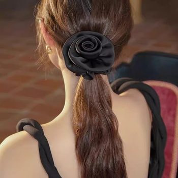 Retro Style Rose Flower Hair Band Headband Women's French Satin Ball Head High Elastic Headband Hair Band Wholesale