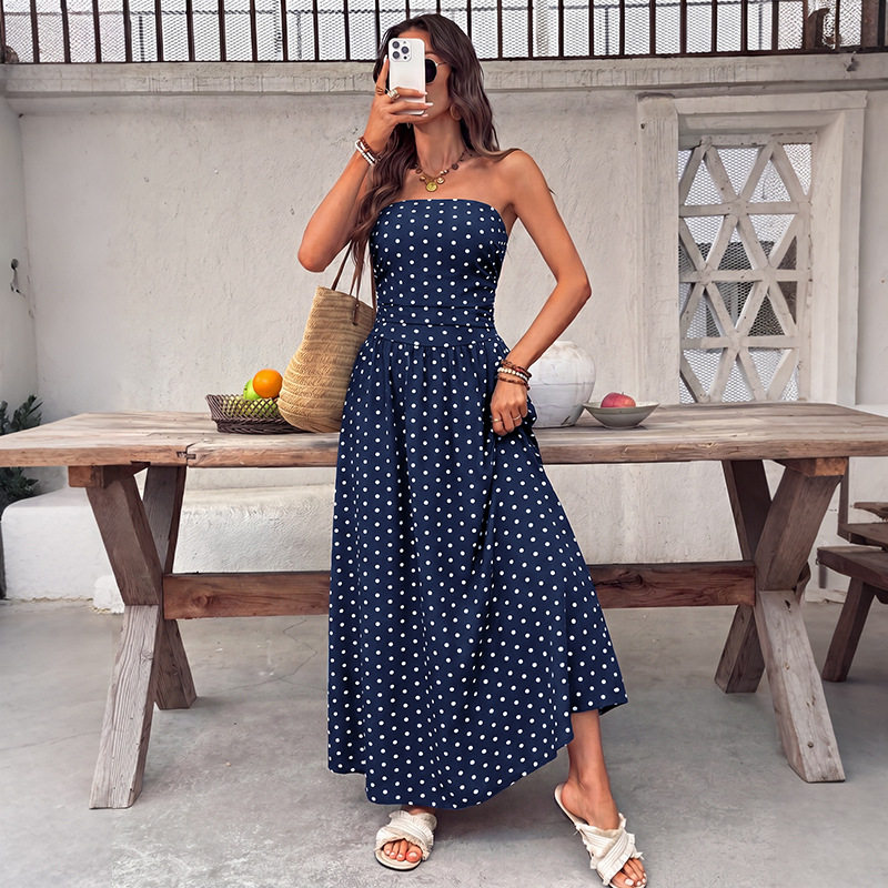 French Style Sleeveless Maxi Dress Polka Dot Design Elegant Vacation Wear Perfect for Summer Events Wholesale