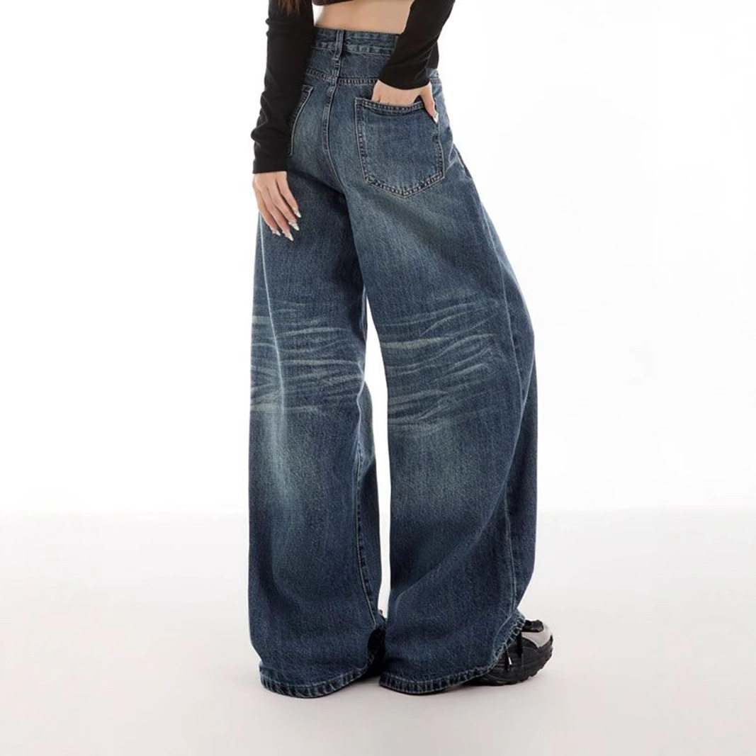Wide Leg High Waisted Denim Trousers Vintage Style Versatile Design Comfortable Fit Casual Wear Ready to Ship