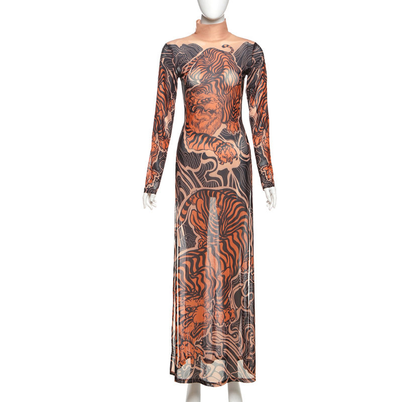 Womens Spring Fashion Unique Street Style Printed Mesh Half Turtleneck High Slit Long Top Wholesale Available