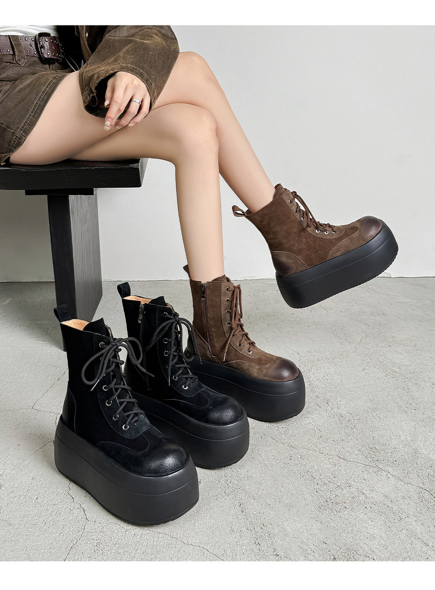 Boot Martin nữ đế dày 8.5cm cổ ngắn dây buộc phối màu da lộn — Lớp lót đơn màu be, Lớp lót đơn màu đen, Lót nhung đen, Lót nhung màu be