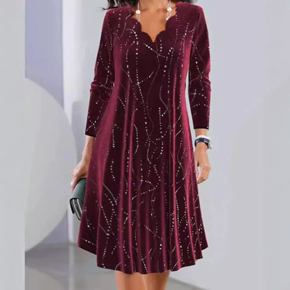 V Neck Long Sleeve Sequin Dress Stylish Elegant Autumn Winter Fashion Perfect for Parties and Events Wholesale