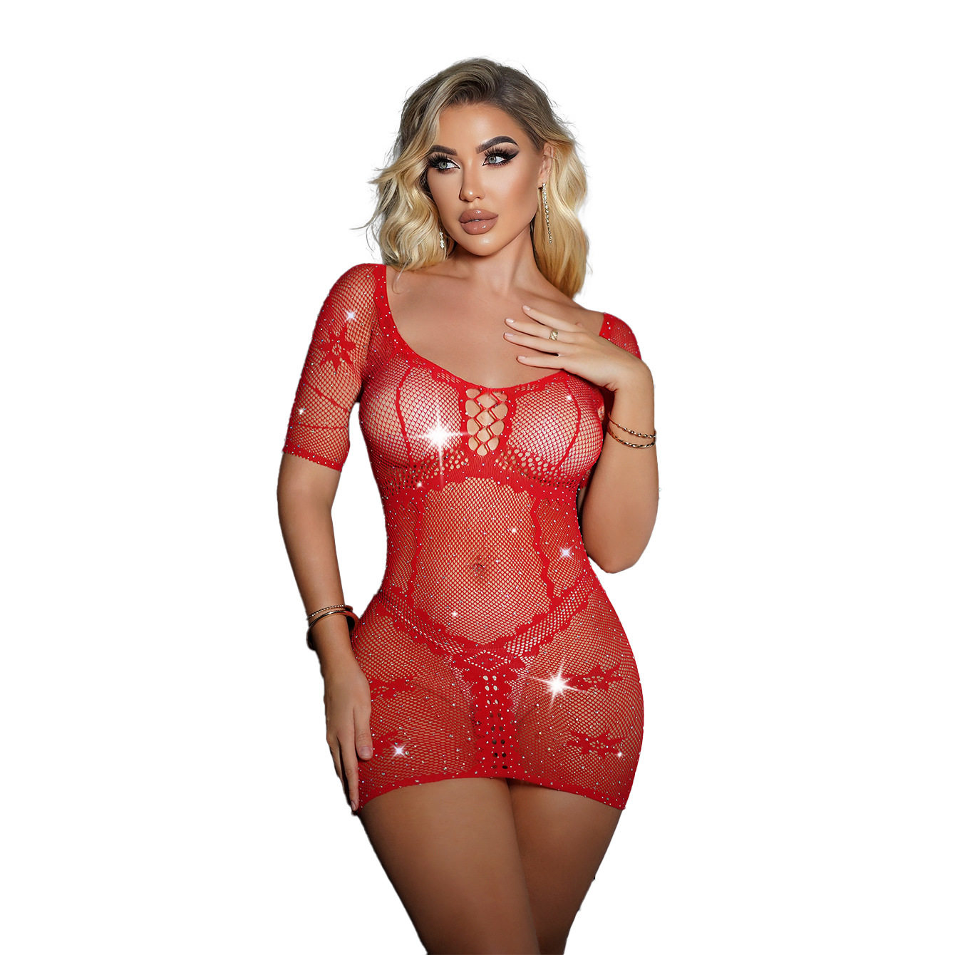 时尚诱惑镂空水钻短袖连衣裙情趣内衣女式性感烫钻包臀裙Lingerie