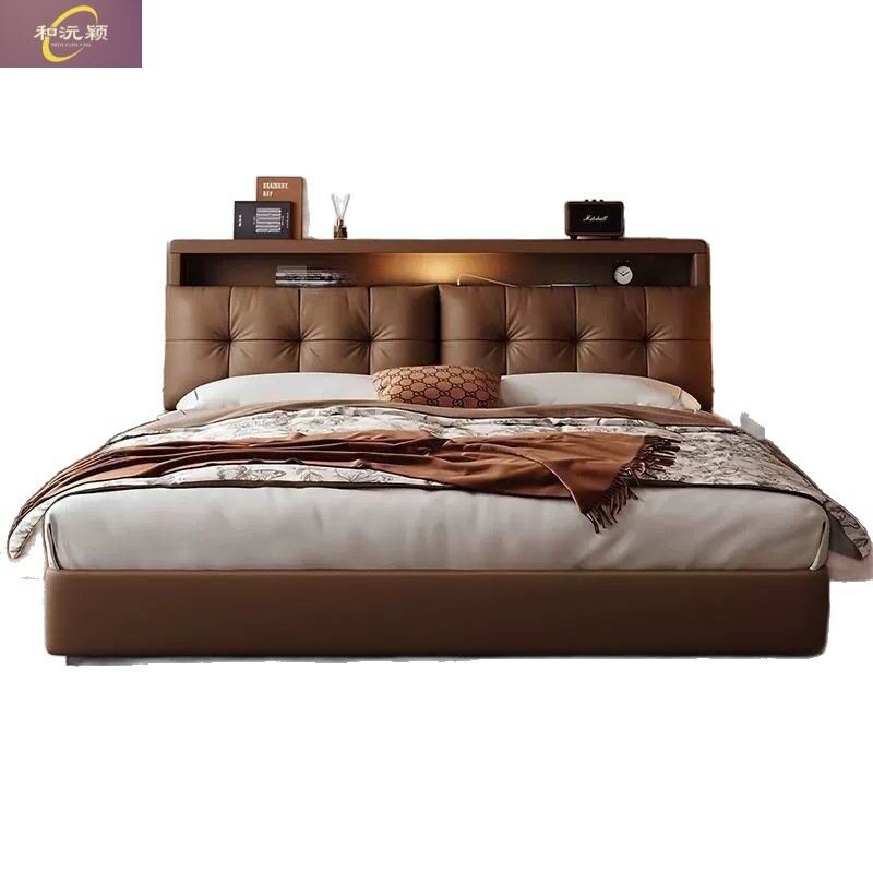 Multifunctional Leather Bed Italian Soft-Packed Double Bed Modern Simple Master Bedroom Large Bed Wedding Bed Rental Room Storage Bed