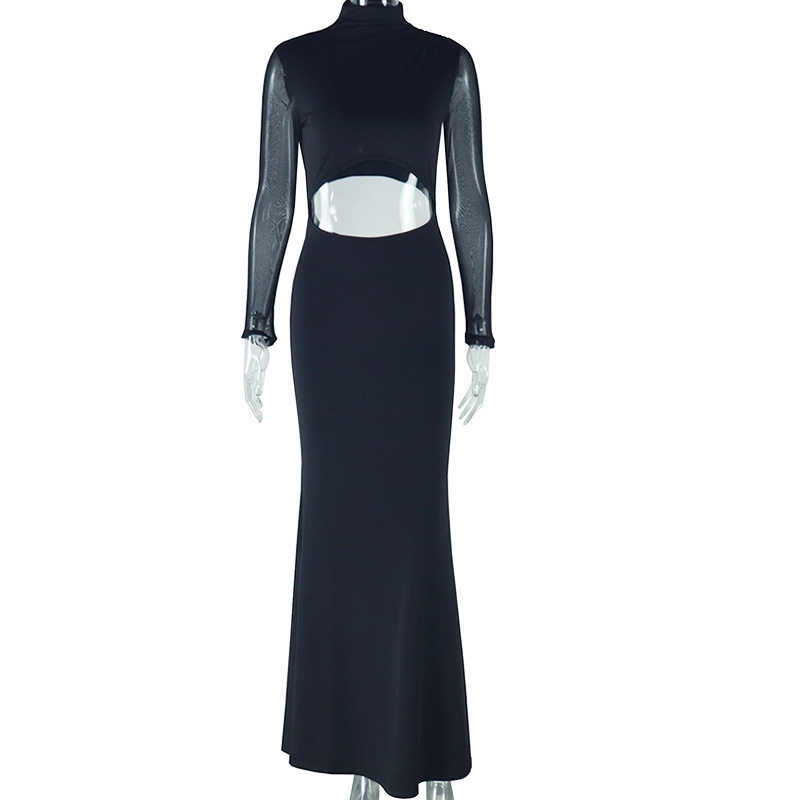 Fashionable Womens Solid Color Dress Sheer Mesh Paneling Long Sleeve High Neck Elegant Fit Perfect for Parties or