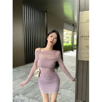 Cross-Border Wholesale Hot Girl Retro Sexy Long-Sleeved Mesh Top Spring Pure Desire Tight-Fitting Hip-Hugging Short Skirt Two-Piece Set
