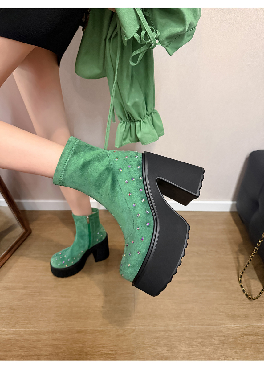 Boot nữ cổ ngắn đế dày khóa kéo bên hông, gót thô tăng chiều cao — Lớp lót đơn màu đen, Lớp lót đơn màu xanh lá, Lót nhung đen, Lót nhung xanh lá