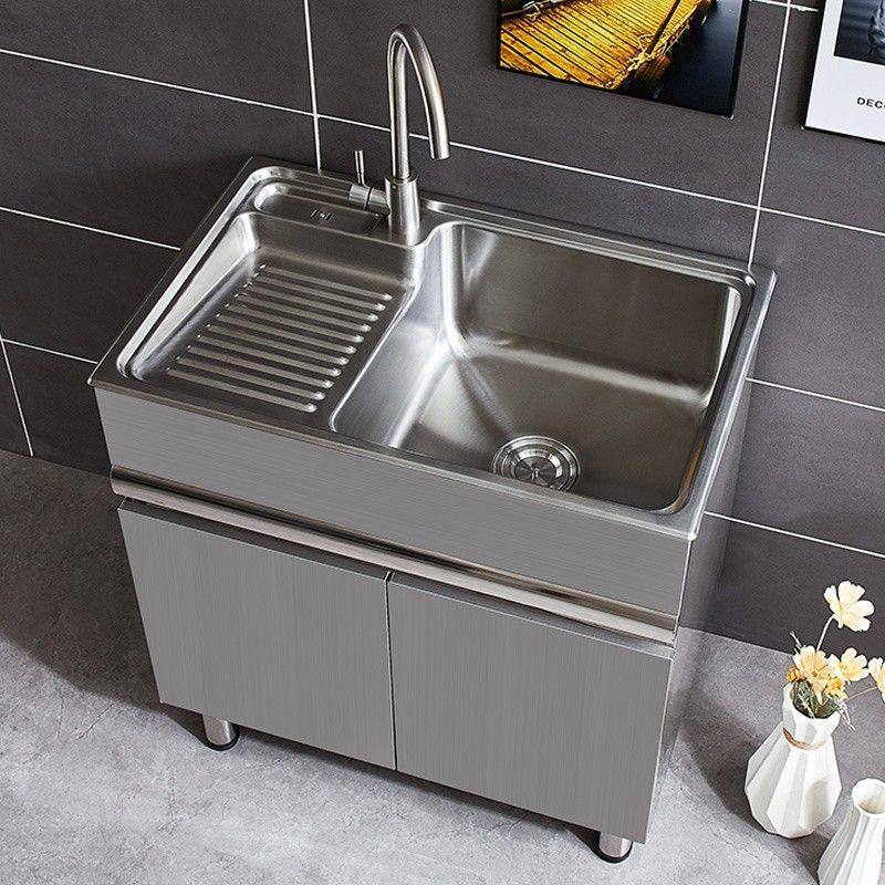 304 Stainless Steel Sink Cabinet Balcony Cabinet with Washboard Laundry Sink Wash Basin Cabinet Floor-Standing Bathroom Cabinet No